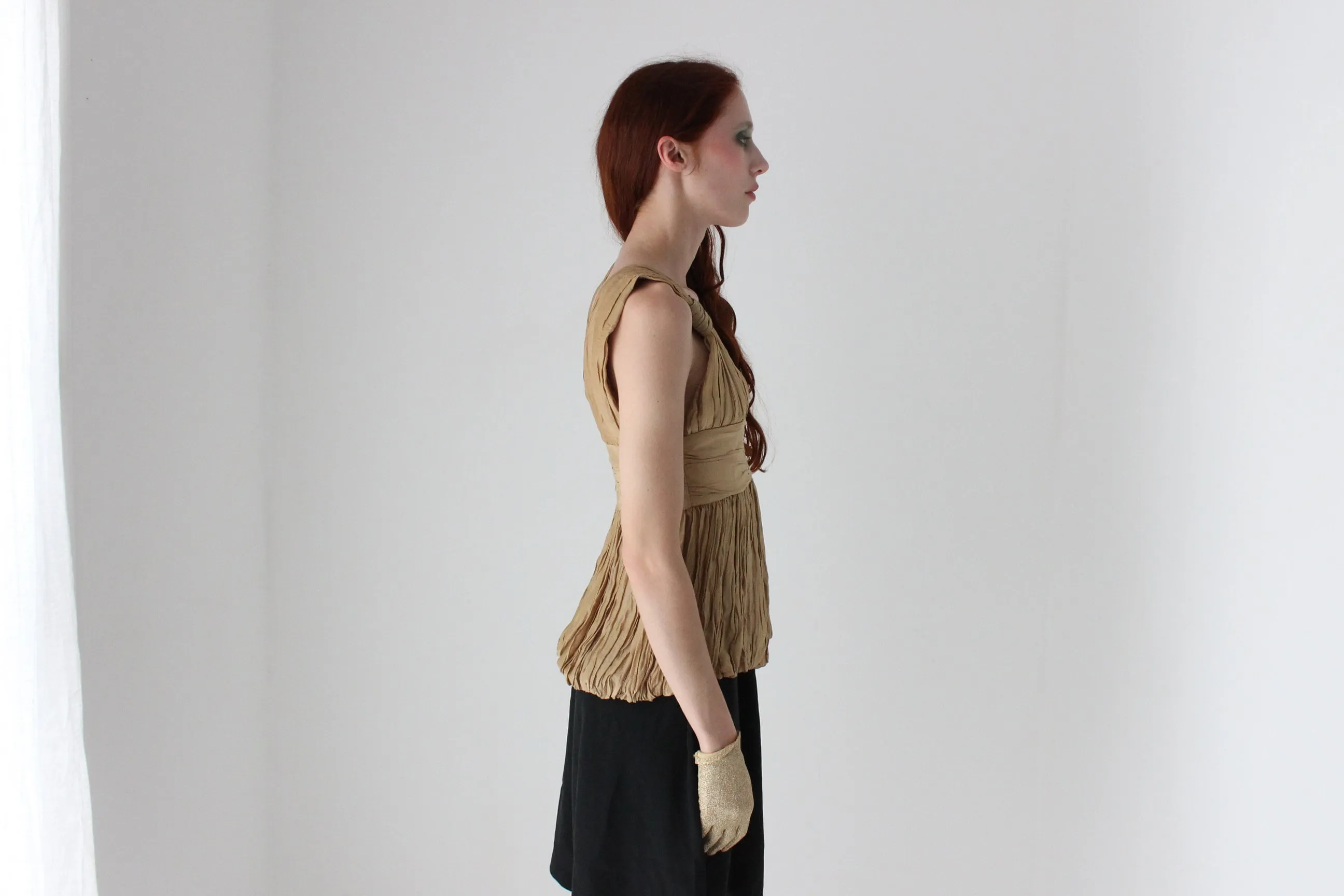 2000s WILLOW Grecian Gathered Plisse Plunge Neck Top