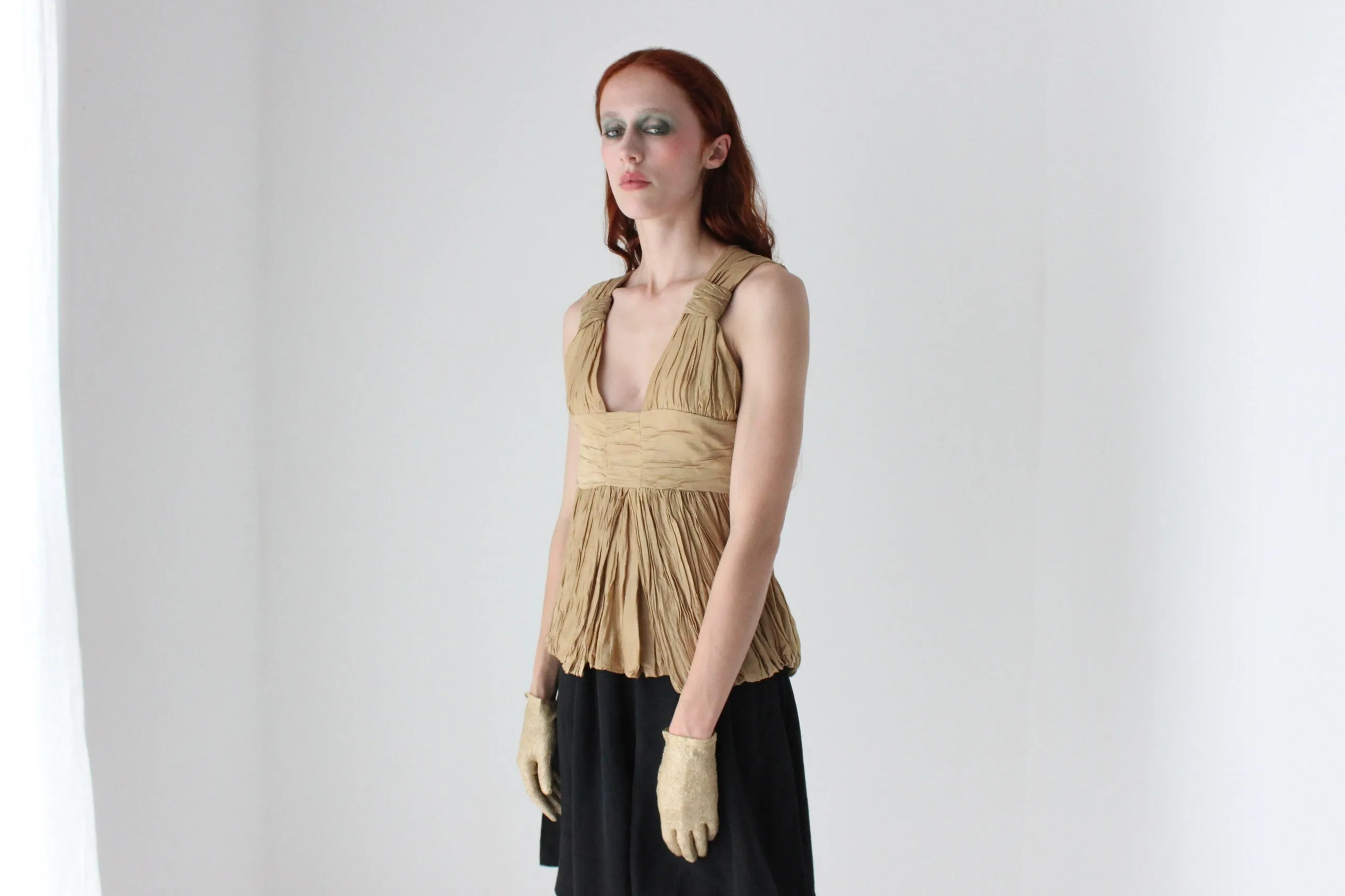 2000s WILLOW Grecian Gathered Plisse Plunge Neck Top