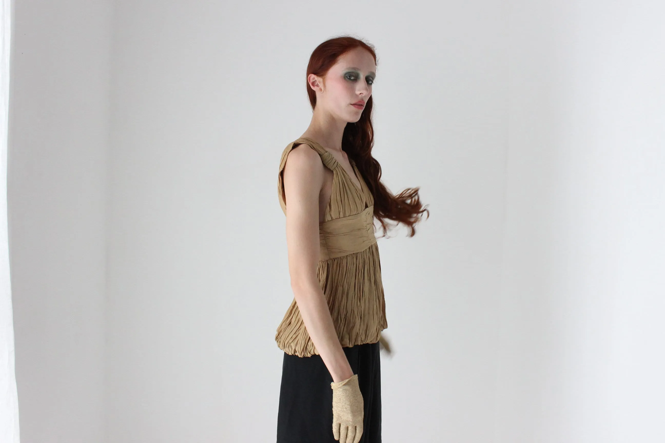 2000s WILLOW Grecian Gathered Plisse Plunge Neck Top