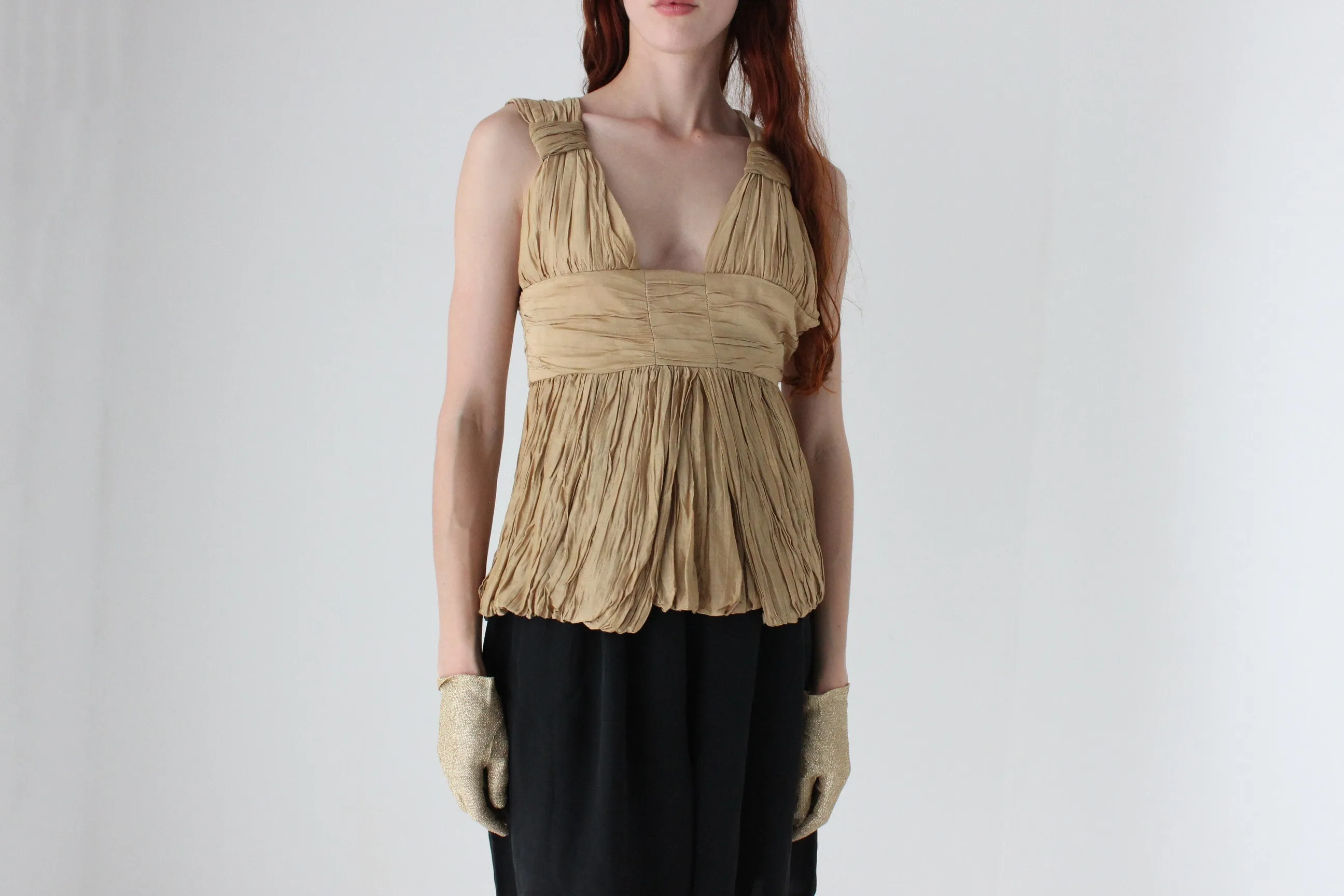 2000s WILLOW Grecian Gathered Plisse Plunge Neck Top