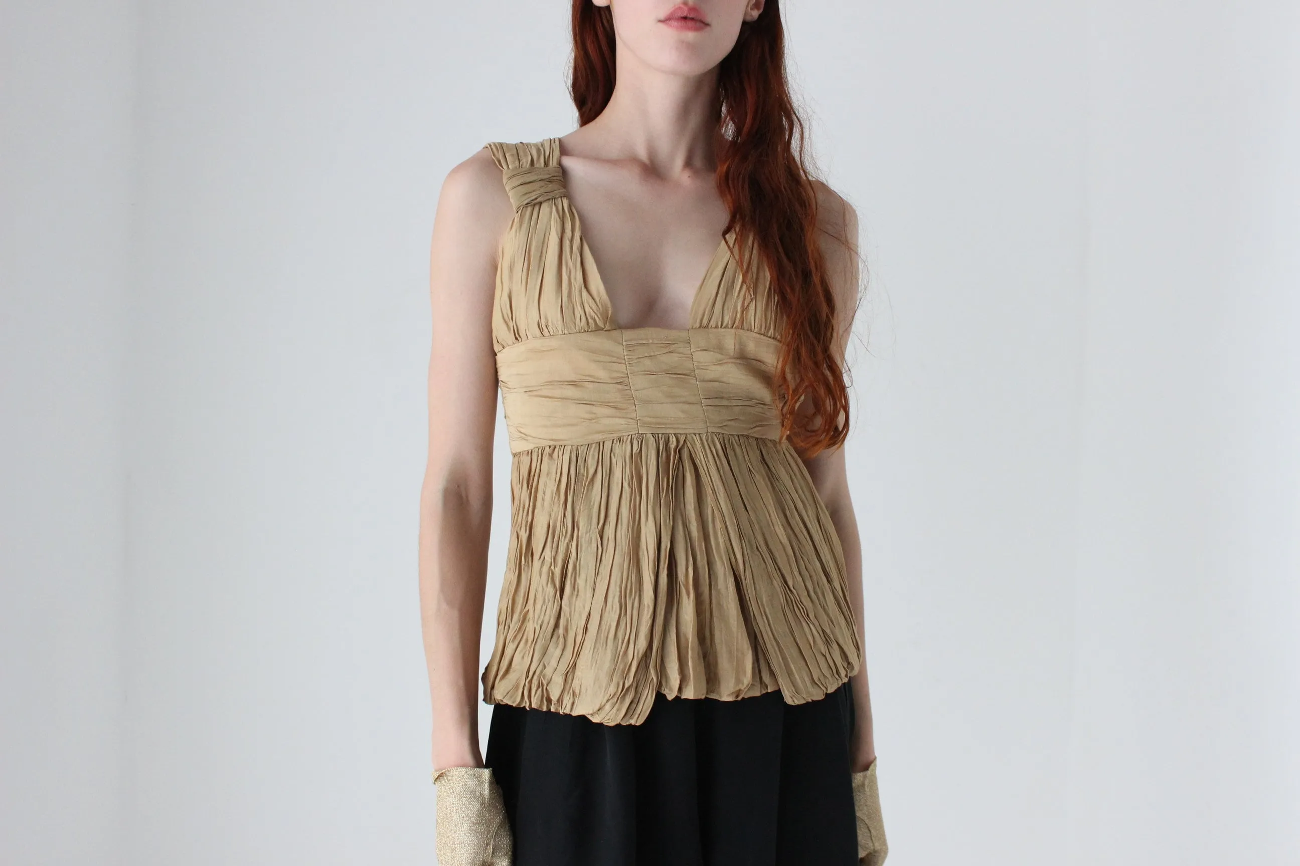 2000s WILLOW Grecian Gathered Plisse Plunge Neck Top
