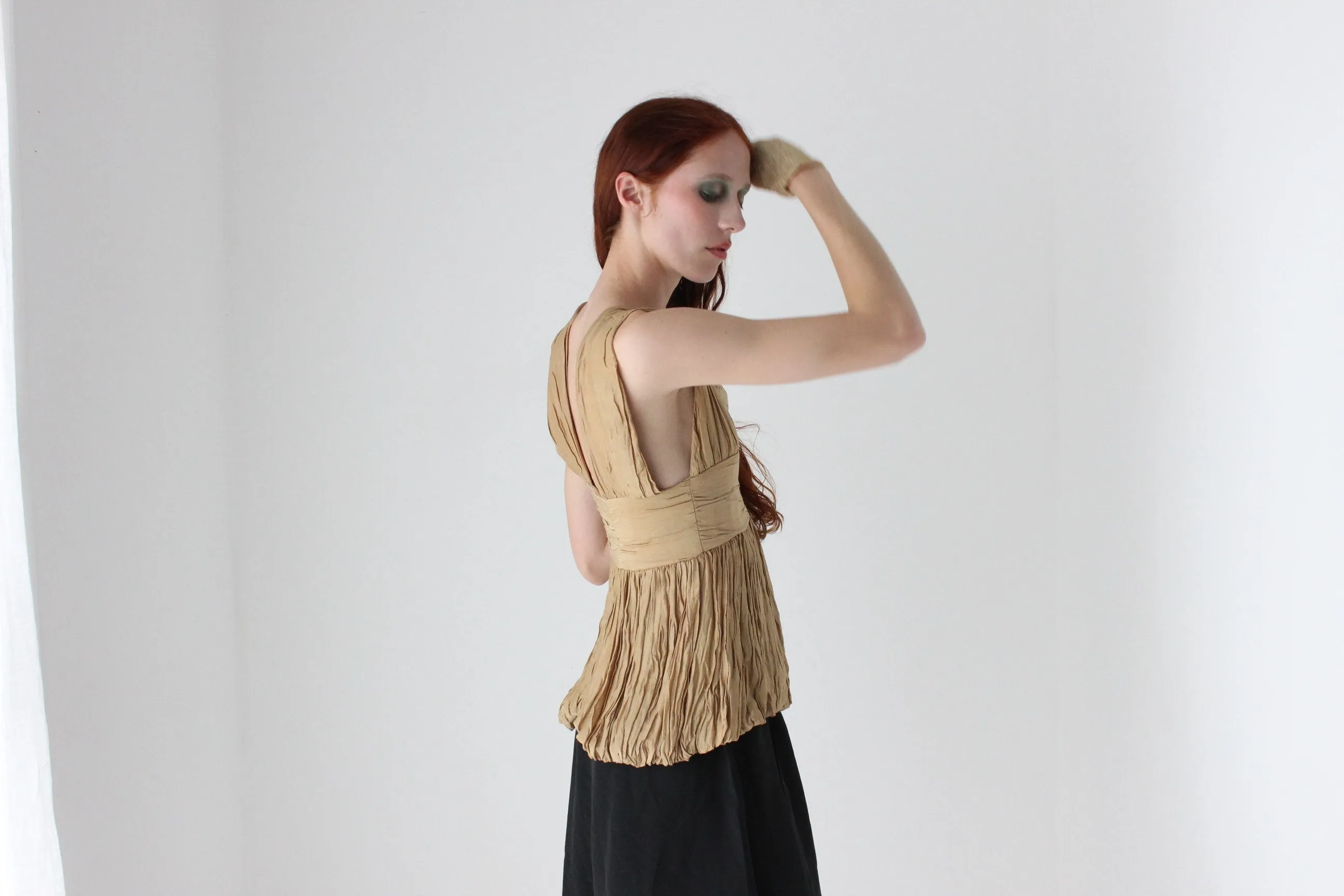 2000s WILLOW Grecian Gathered Plisse Plunge Neck Top