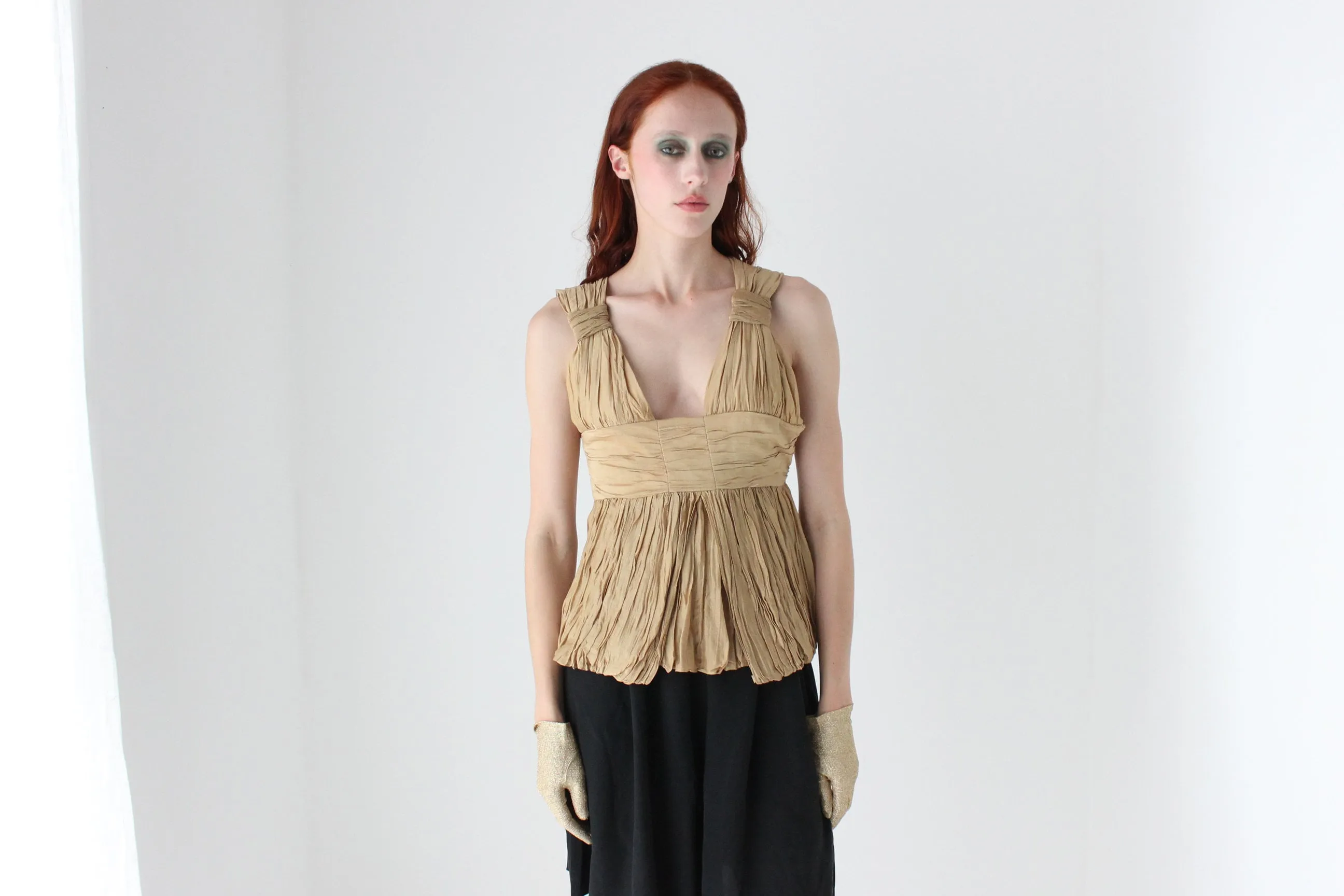 2000s WILLOW Grecian Gathered Plisse Plunge Neck Top