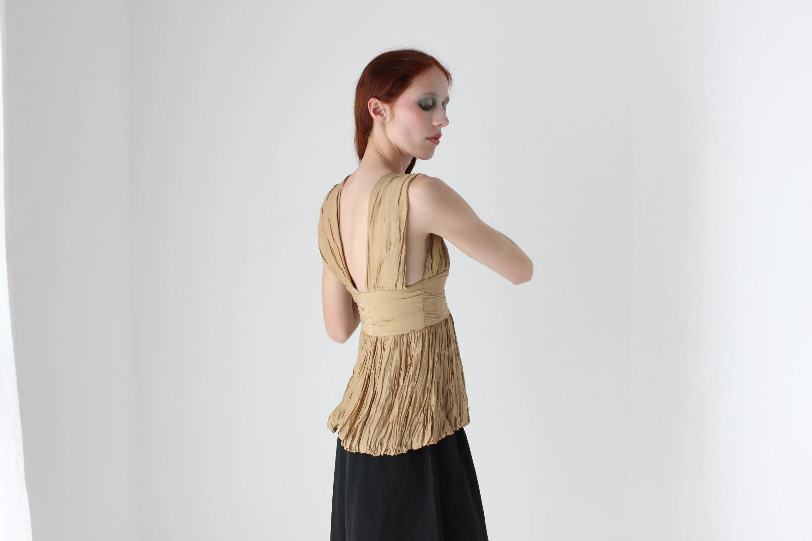 2000s WILLOW Grecian Gathered Plisse Plunge Neck Top
