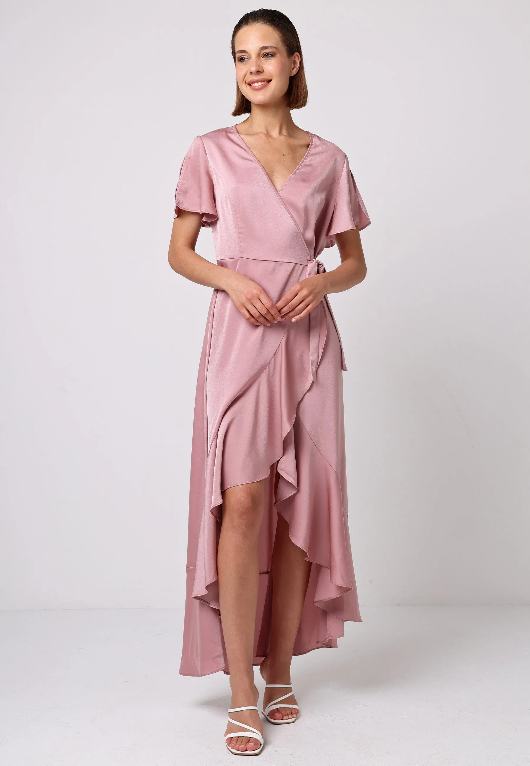 (5P. PACK) Satin Ruffle Wrap Midi Dress in Dusty Pink