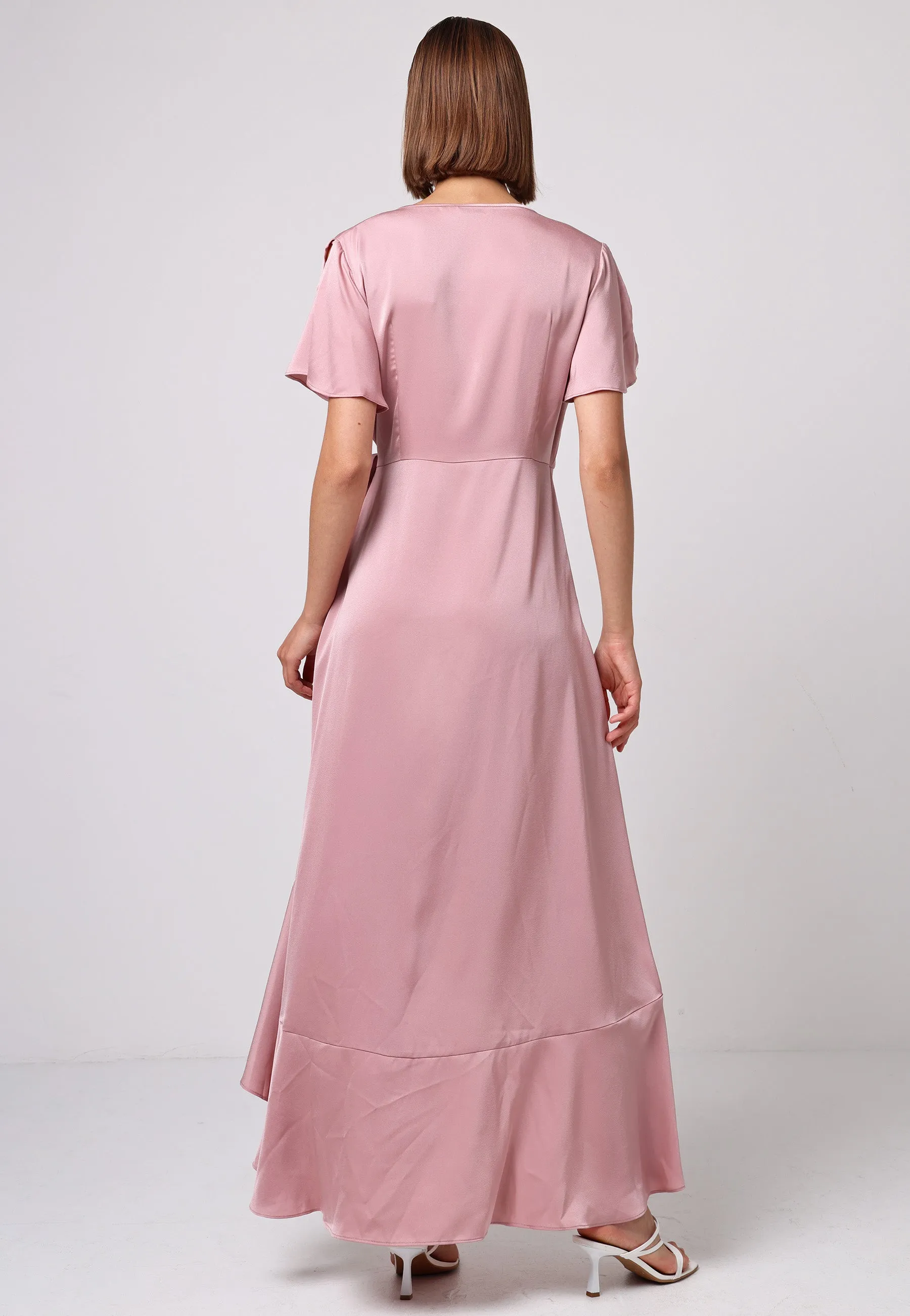 (5P. PACK) Satin Ruffle Wrap Midi Dress in Dusty Pink