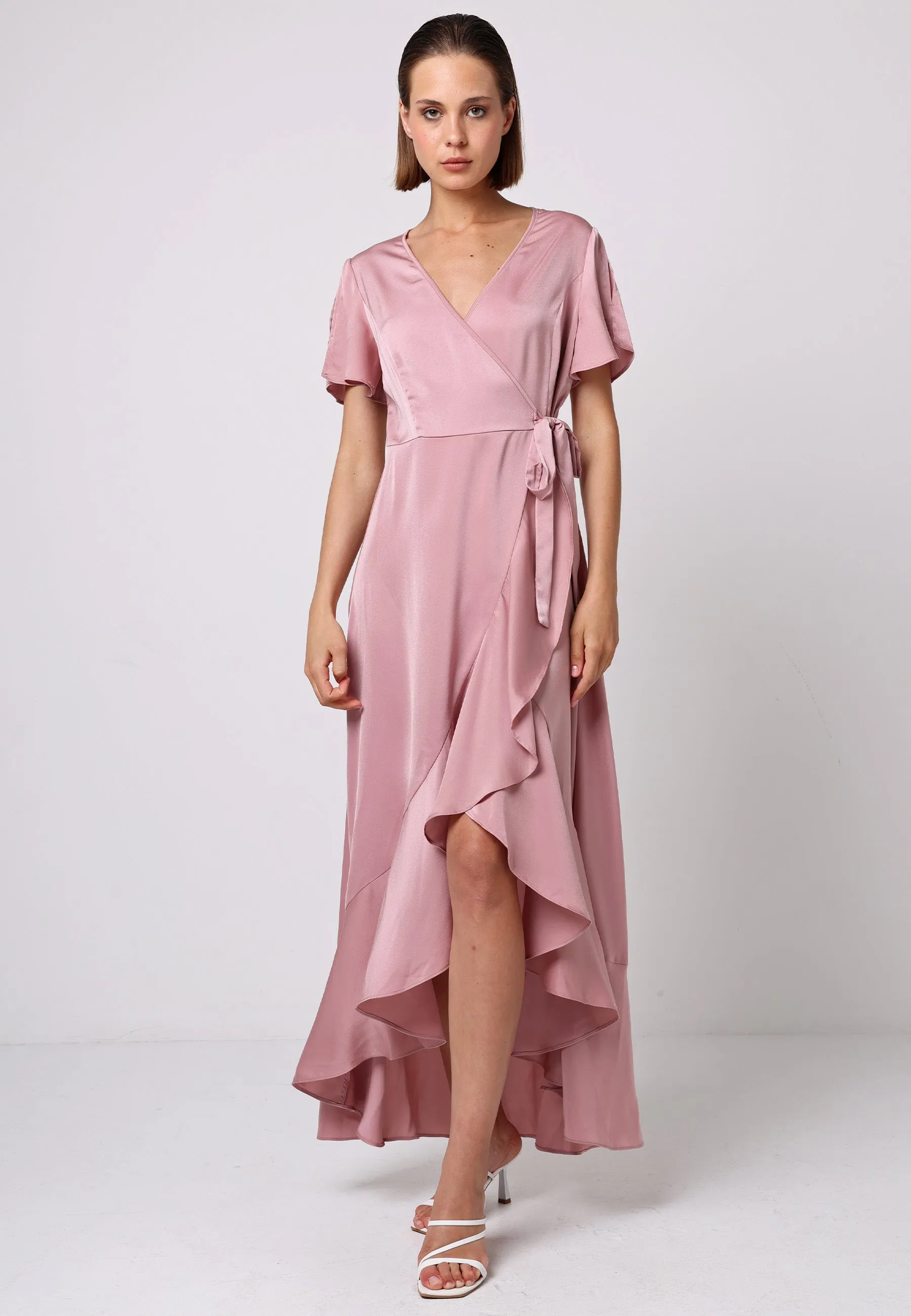 (5P. PACK) Satin Ruffle Wrap Midi Dress in Dusty Pink