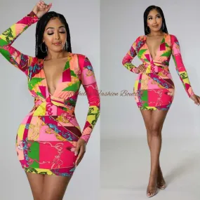 MULITI PRINT BODYCON DRESS
