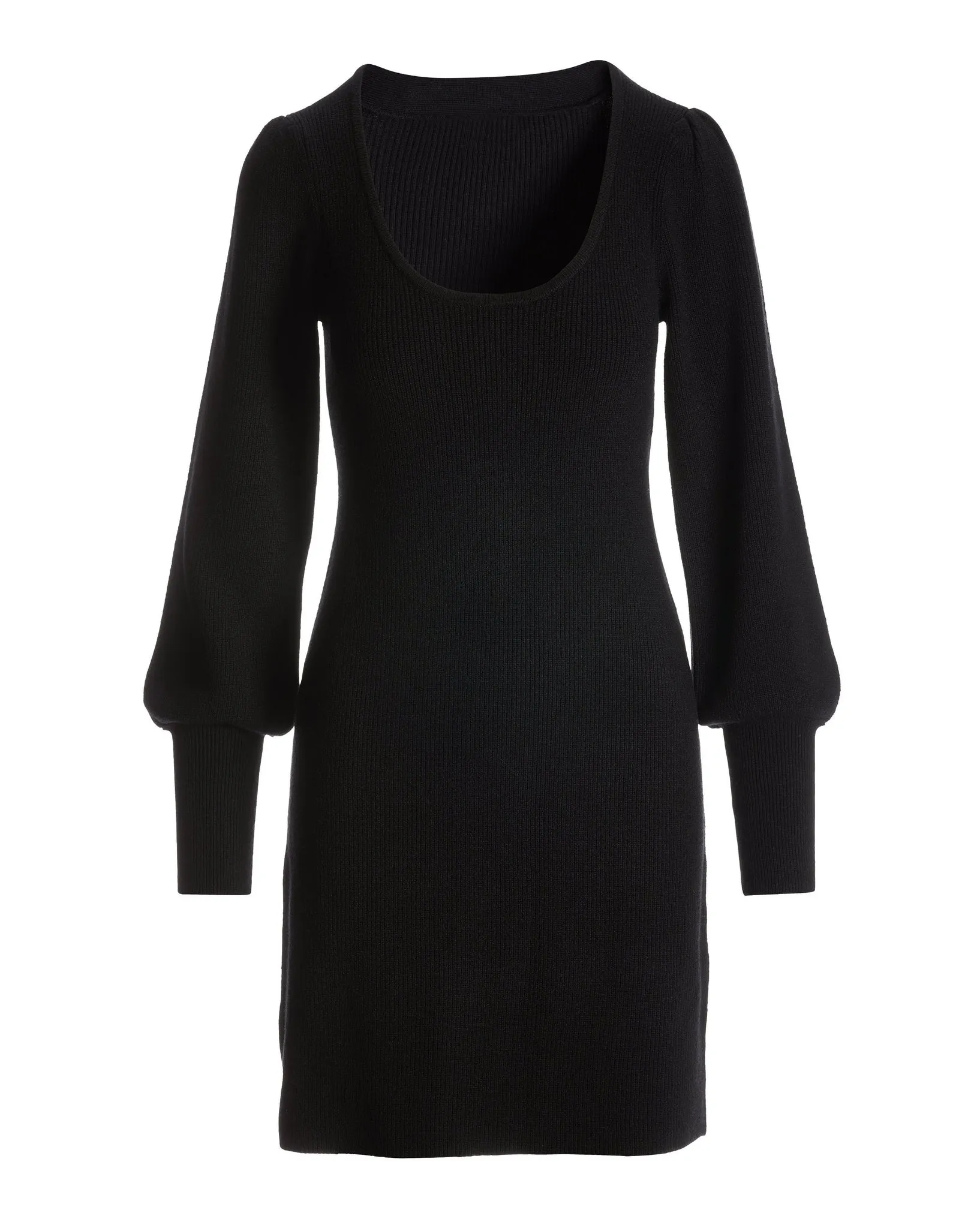 Scoop Neck Balloon Sleeve Sweater Dress Black