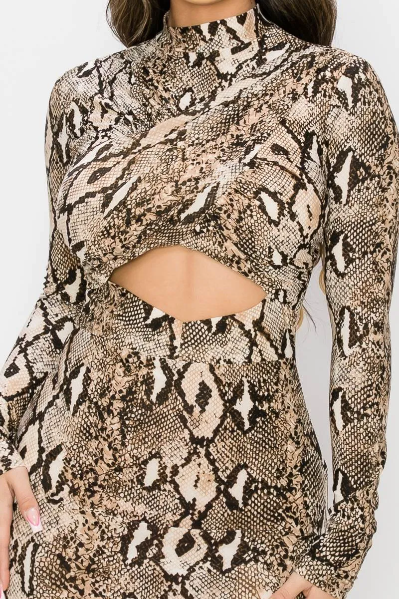 SEXY SNAKE PRINT CUTOUT LONG SLEEVED MIN DRESS