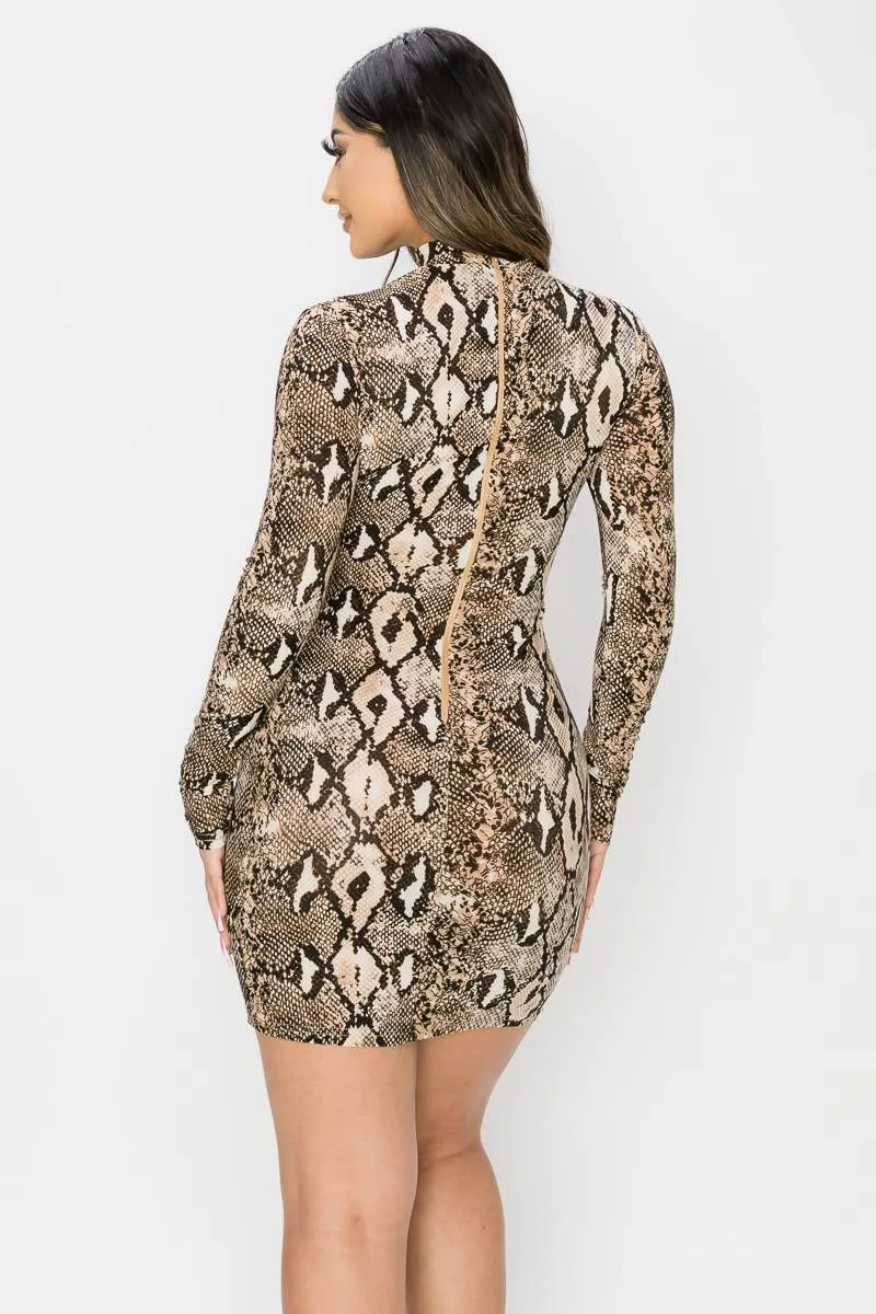 SEXY SNAKE PRINT CUTOUT LONG SLEEVED MIN DRESS