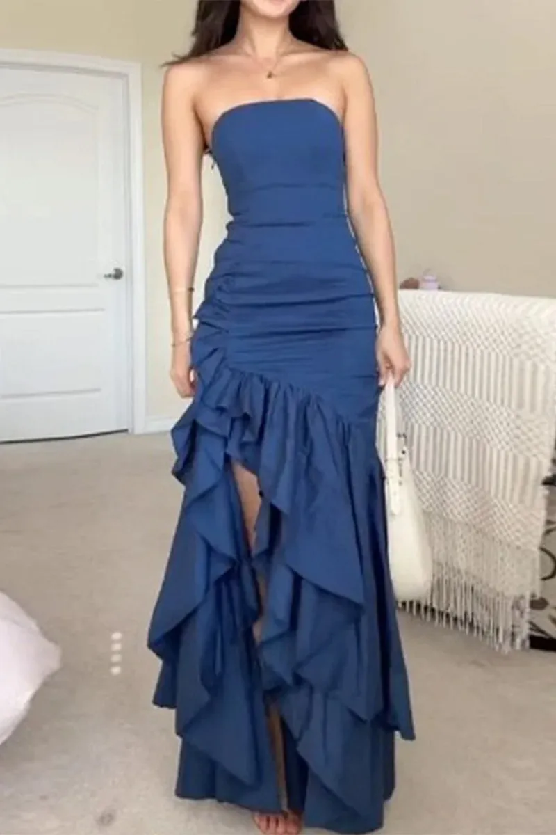 Sexy Solid Flounce Fold Strapless Irregular Dress Dresses