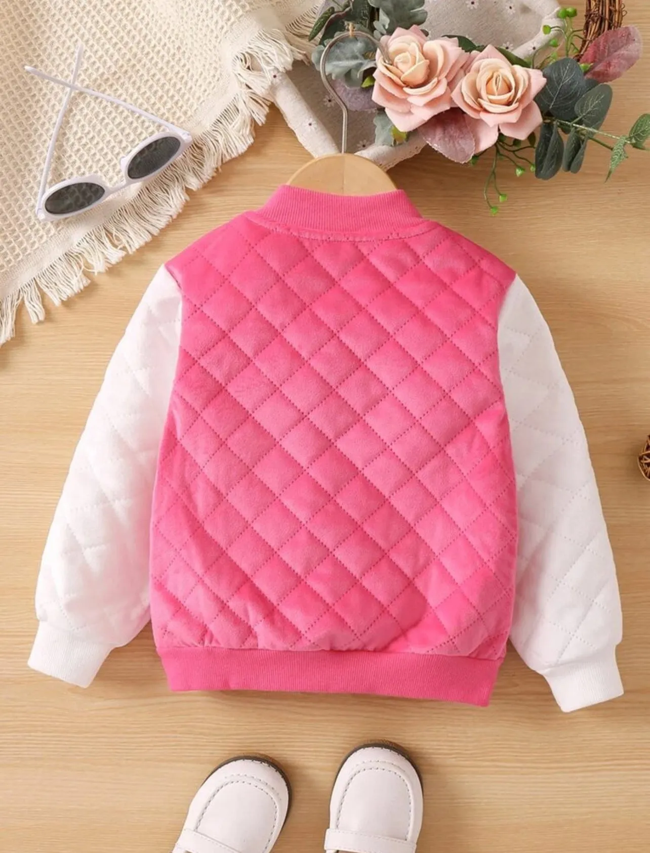 SHEIN Toddler Girls Letter Patched Colorblock Quilted Varsity Jacket - 7 Years