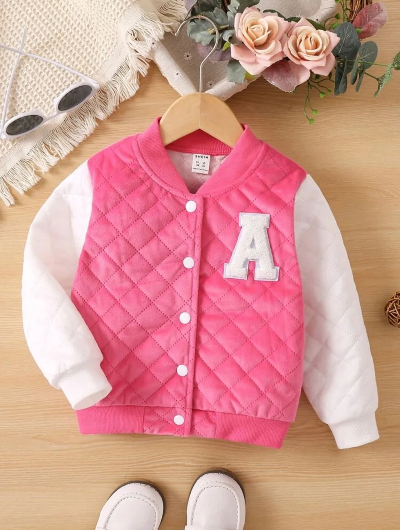 SHEIN Toddler Girls Letter Patched Colorblock Quilted Varsity Jacket - 7 Years