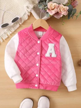 SHEIN Toddler Girls Letter Patched Colorblock Quilted Varsity Jacket - 7 Years